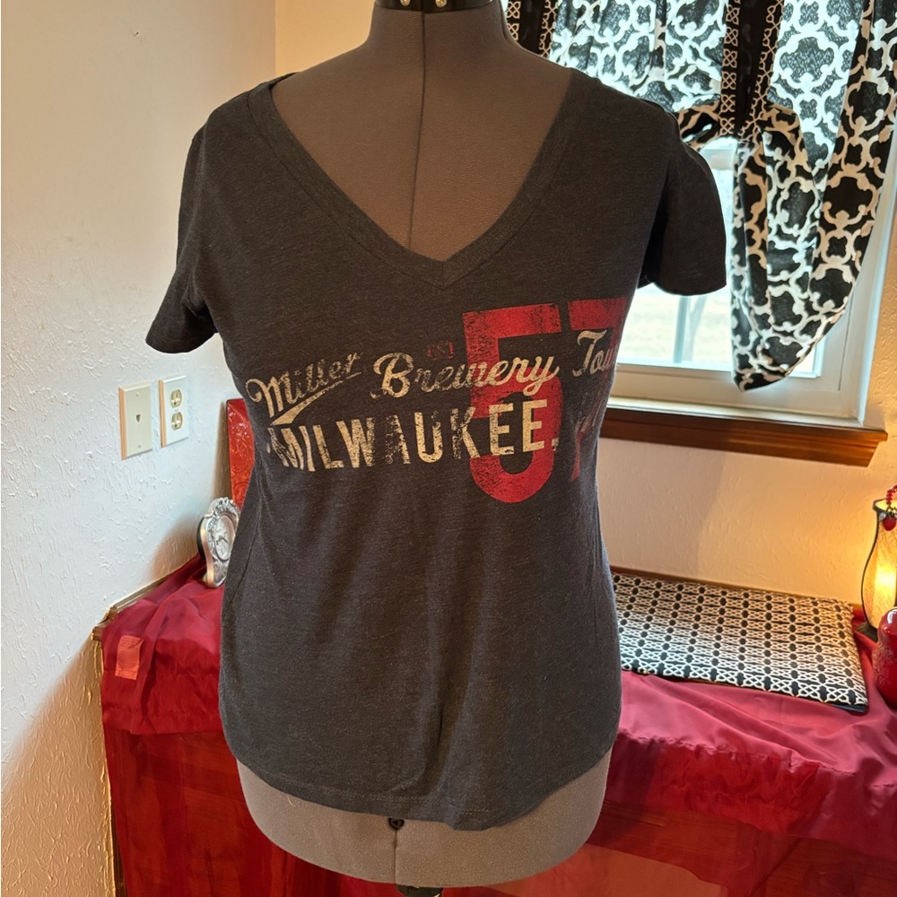 Miller Brewery touring Gray Graphic V-Neck Top